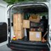 cardboard boxes in a van