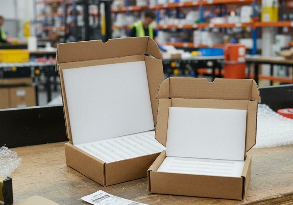 Boxes with foam on a packing bench in a fulfilment centre