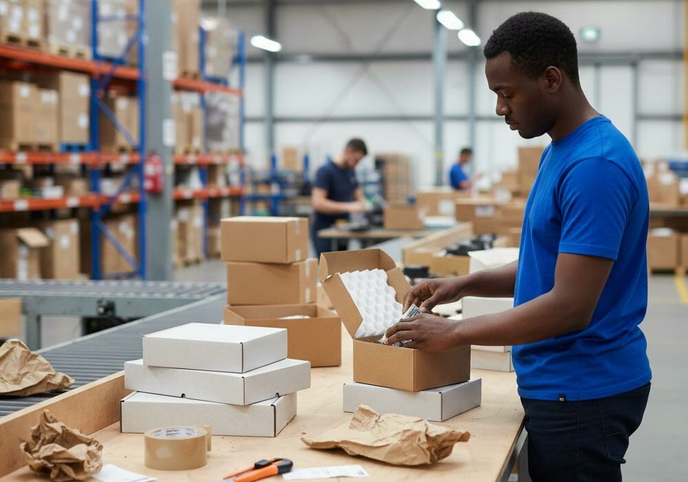 A person packing boxes with foam lining