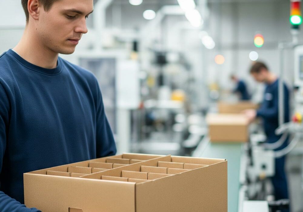 Cardboard inserts A person carrying a box with cardboard inserts in a factory