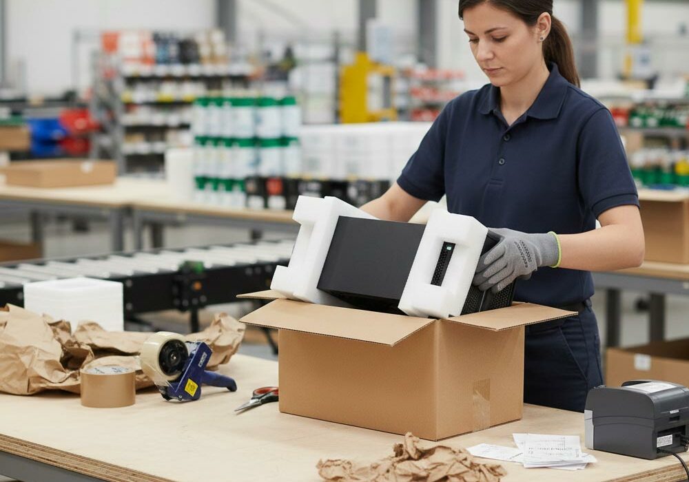 A person packing a product into a corrugated box