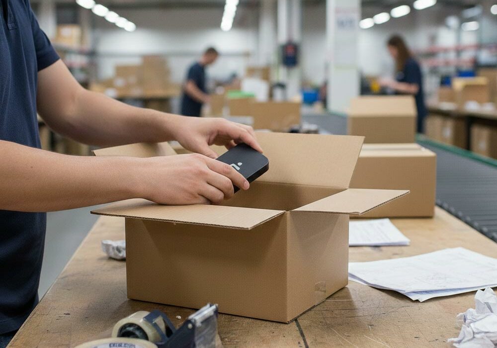 A person packing products into corrugated packaging in a fulfilment centre
