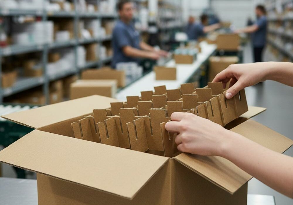 Corrugated packaging inserts A person placing corrugated packaging inserts into a box in a warehouse