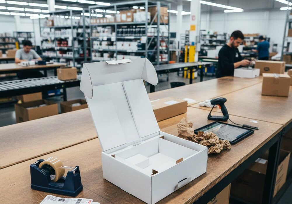 Die-cut inserts for boxes on a packing bench in a fulfilment centre