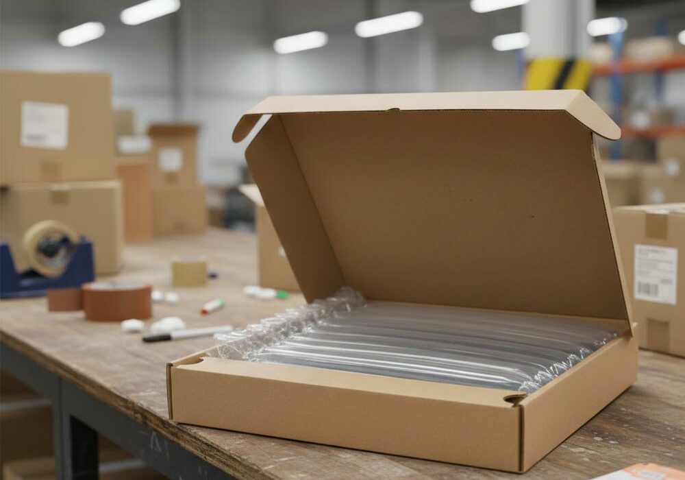 Die-cut packaging Die-cut packaging on a packing bench in a fulfilment centre