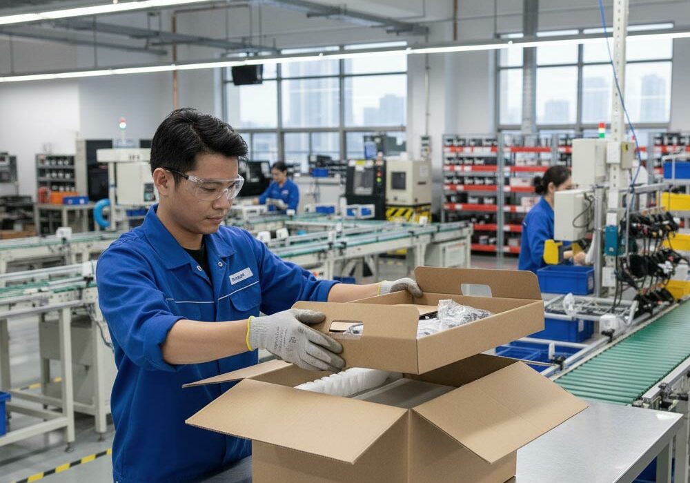 A person placing die cut packaging inserts into a shipping carton in a factory