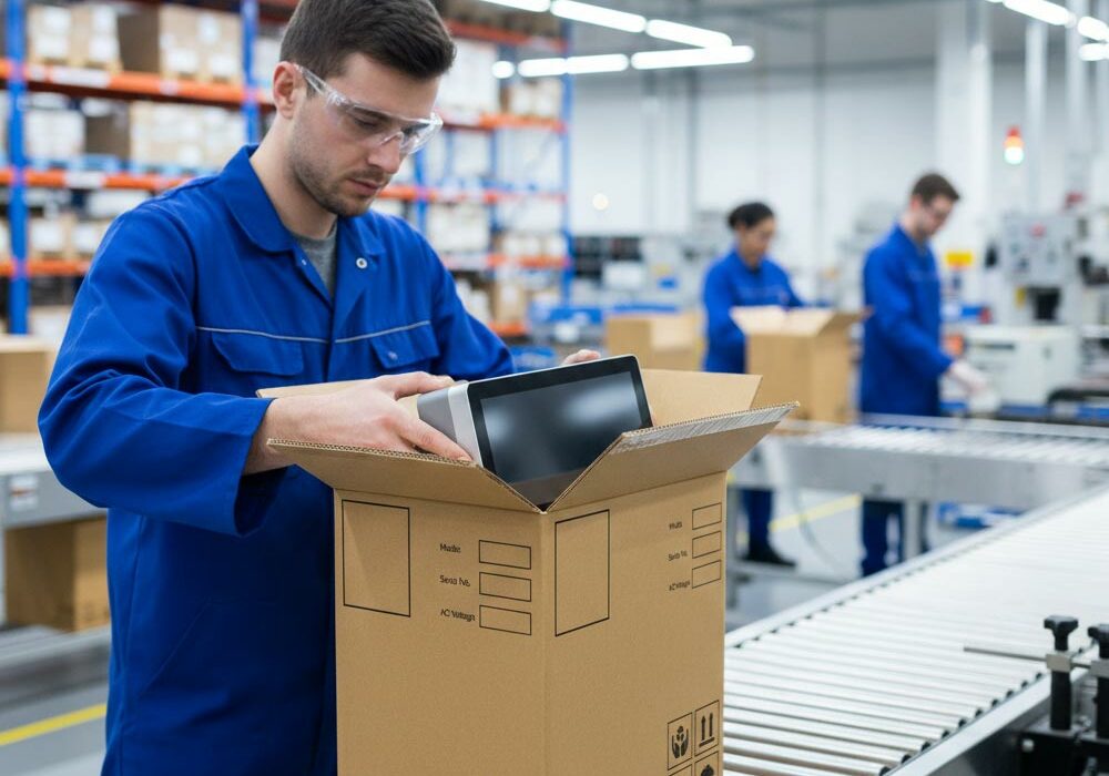 A person with a double wall box in a manufacturing warehouse