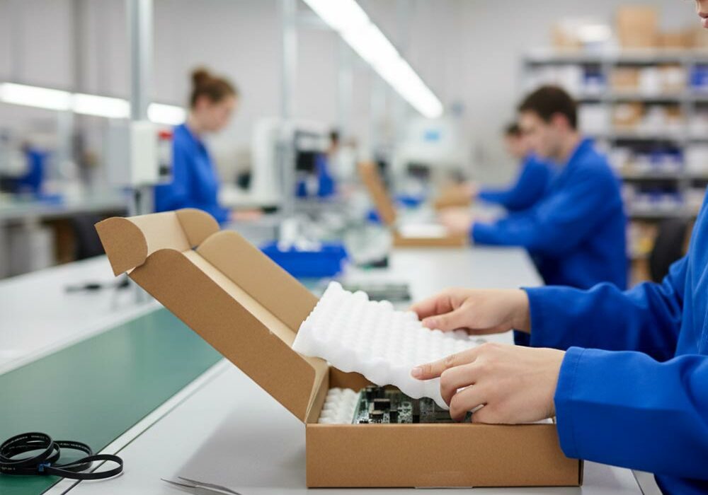 FEFCO 0427 boxes A person packing FEFCO 0427 boxes in a factory.