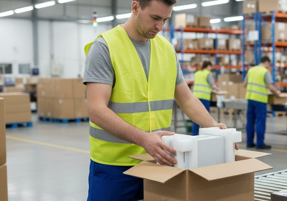 A person packing foam packaging boxes on a production line