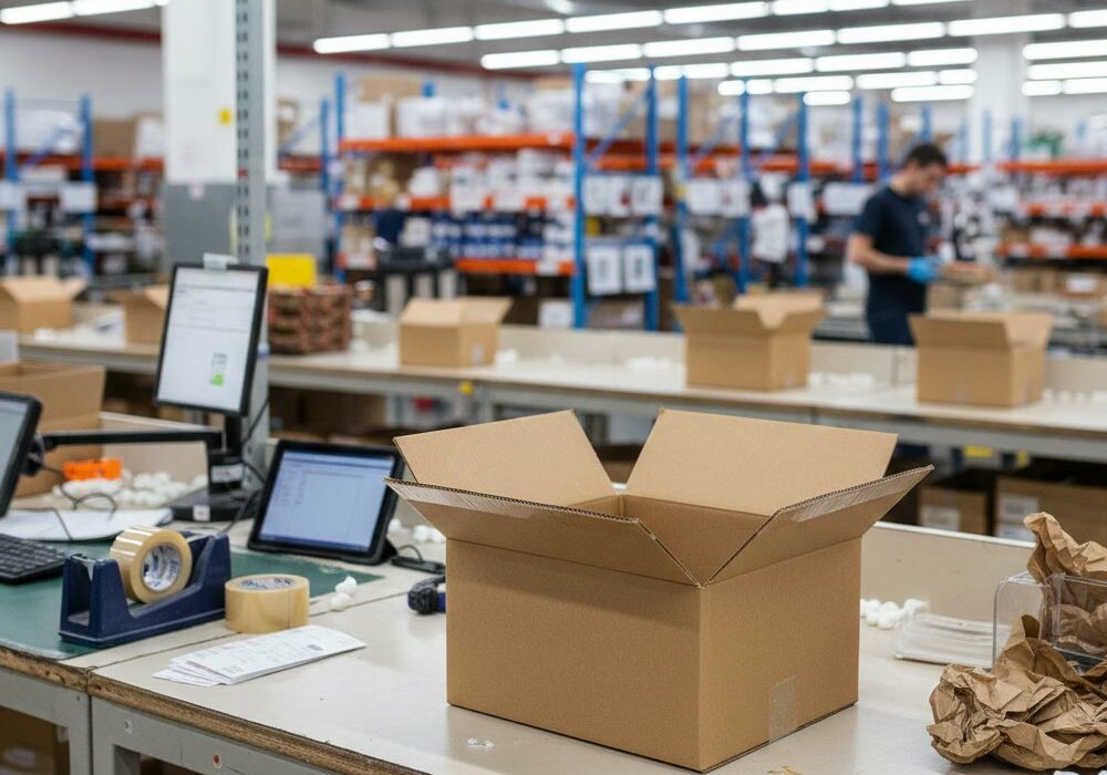 Heavy-duty single wall boxes on a packing bench in a fulfilment centre