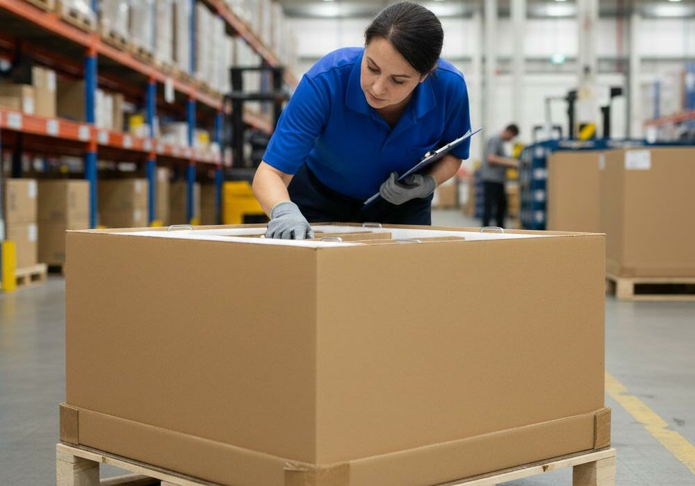 A person inspecting industrial packaging in a warehouse