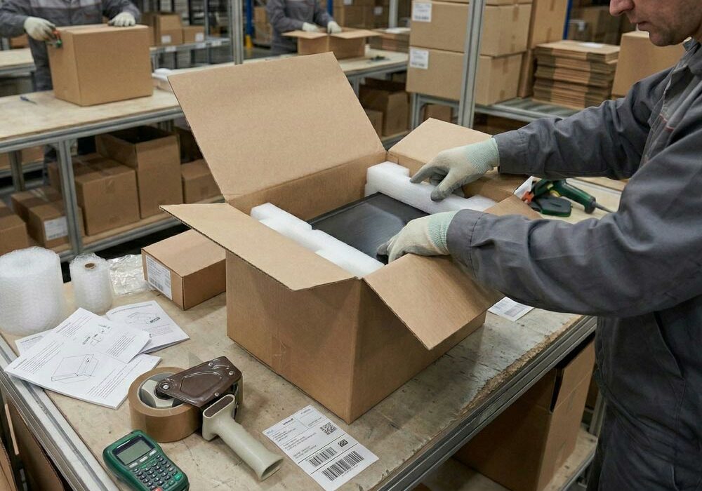 A person using protective packaging products in a warehouse