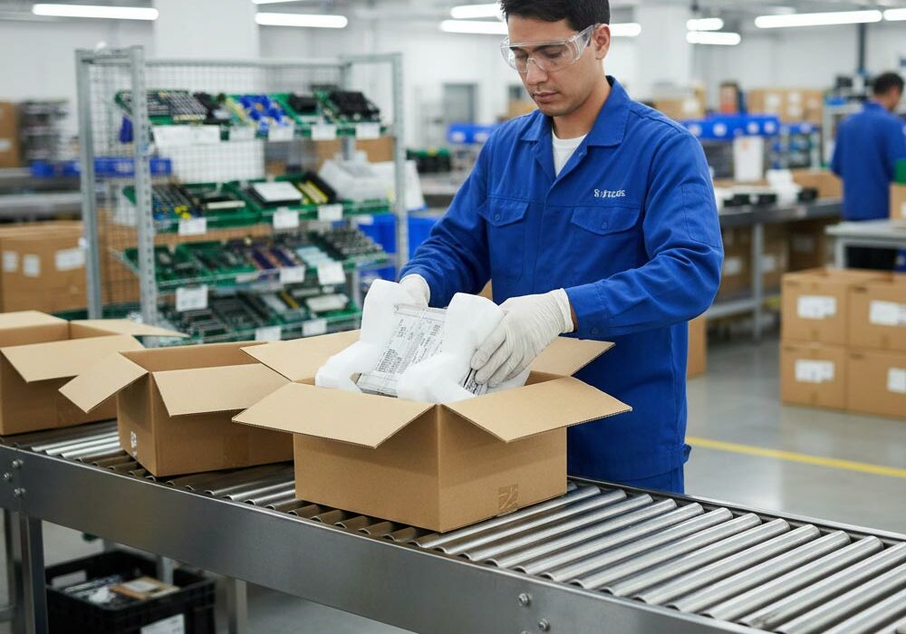 A person assembling stratocell foam packaging