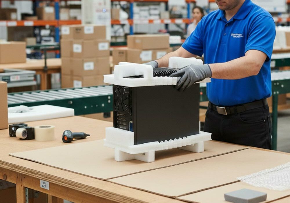 Foam packaging A person using foam packaging in a factory